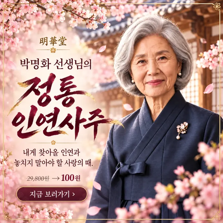 명화당 박명화 선생님의 정통 인연사주 — 내게 찾아올 인연과 놓치지 말아야 할 사랑의 때. 29,800원 → 100원 지금 보러가기